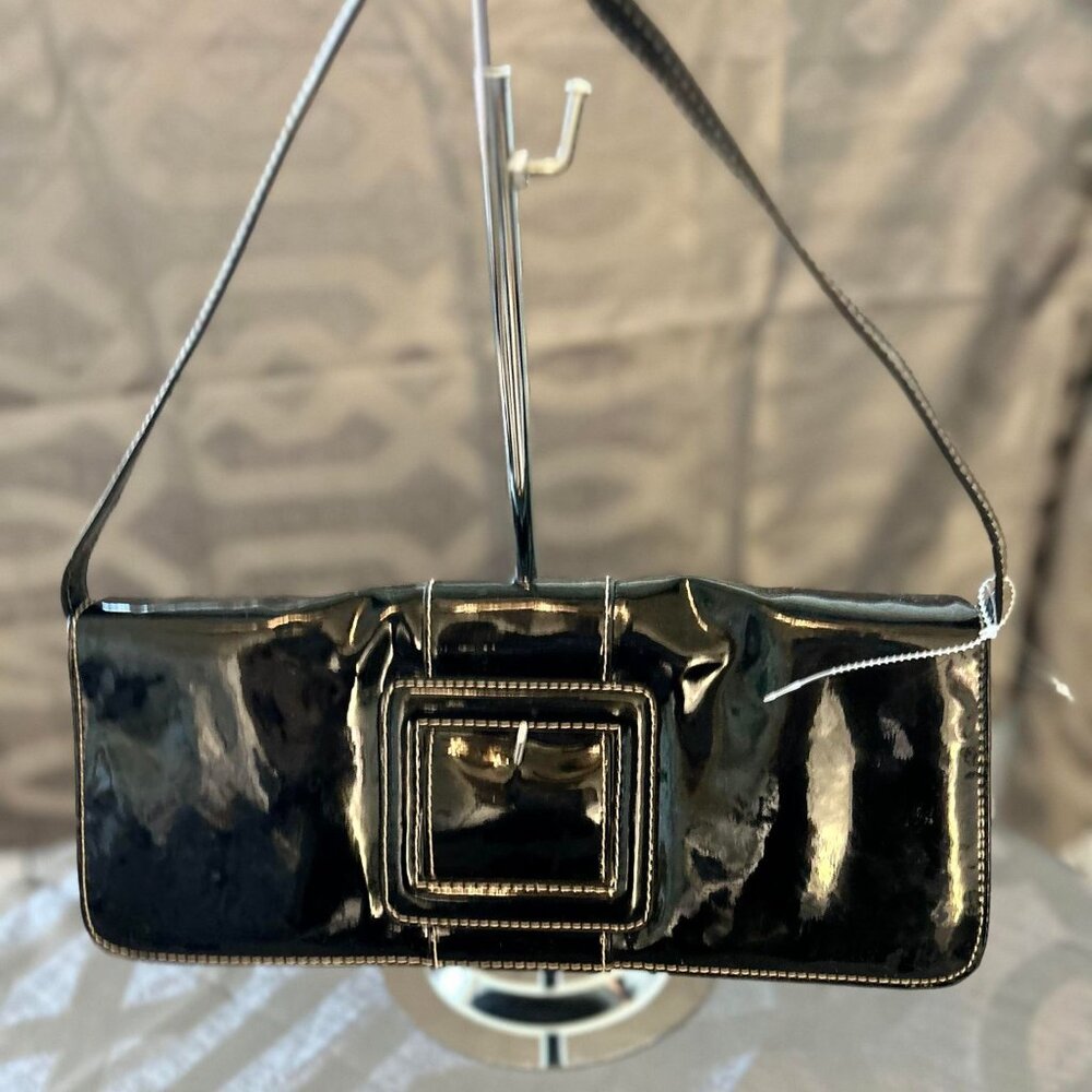 Ladies Sleek Black Dinner Purse/Bag with a Faux Buckle, There's Clasp Underneath
